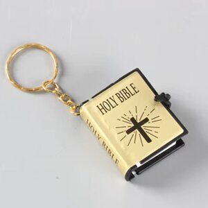 Gold Mini Bible Keychain w Real Pages Keyring Christian Jesus Church Gift, God